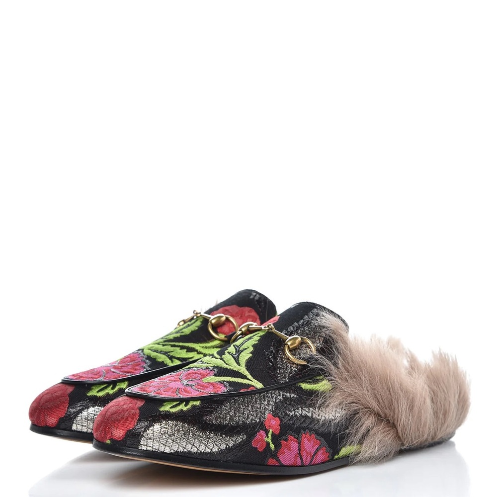 Authentic Gucci Tapestry Brocade Fur Floral Princetown Slides Mules